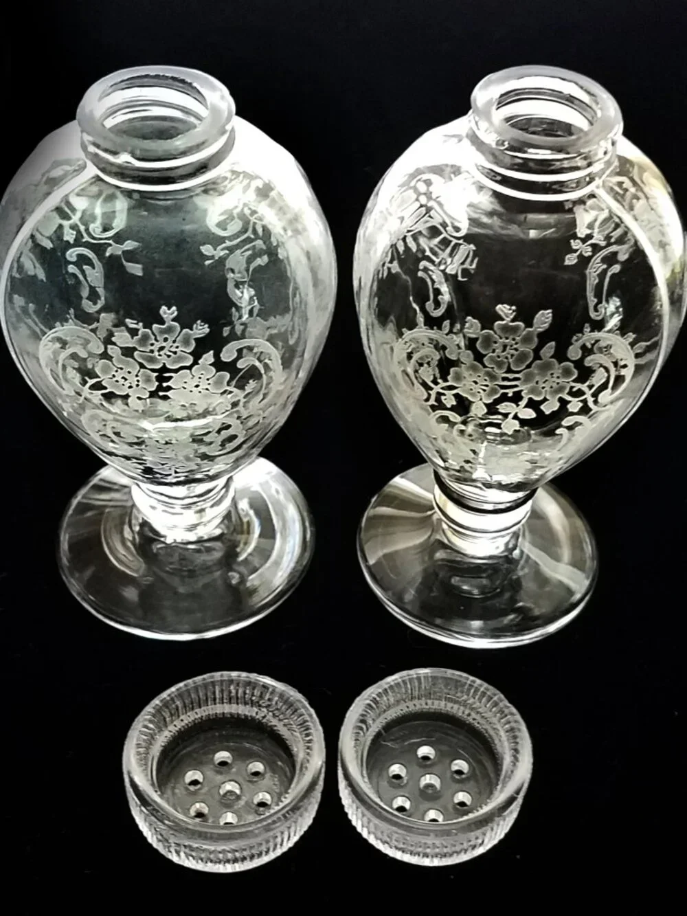 Fostoria Meadow Rose Vintage Glass Candlesticks & RARE Salt & Pepper Shakers